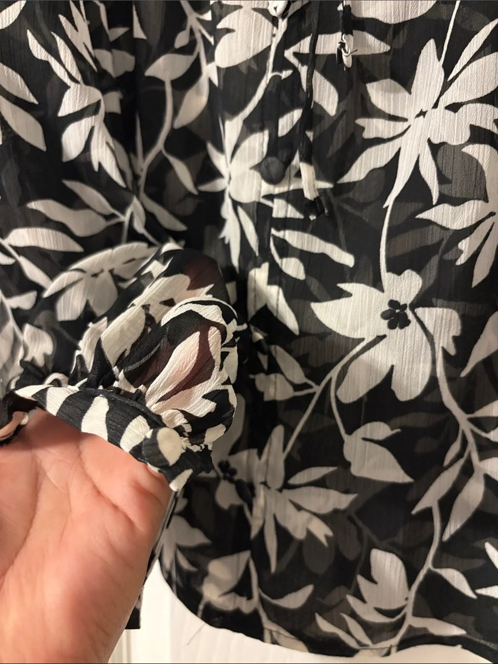 ZARA Black & White Floral Tie-Neck Sheer Blouse